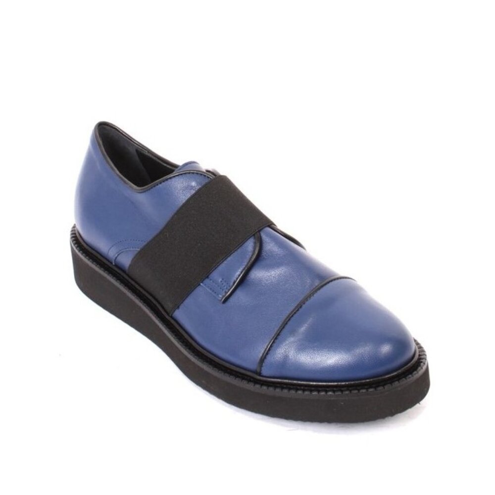 Isabelle 292 Blue Black Leather Elastic Platform Wedge Shoes